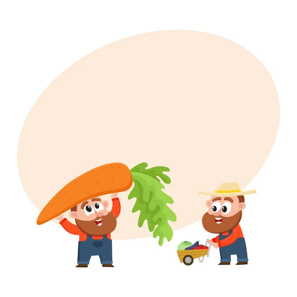 Fermiers drôles récolter des légumes, tenant carotte géante, poussant chariot à main, brouette — Image vectorielle