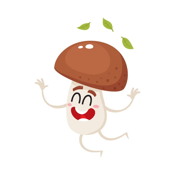 Rolig porcini svamp karaktär hoppa från lycka — Stock vektor