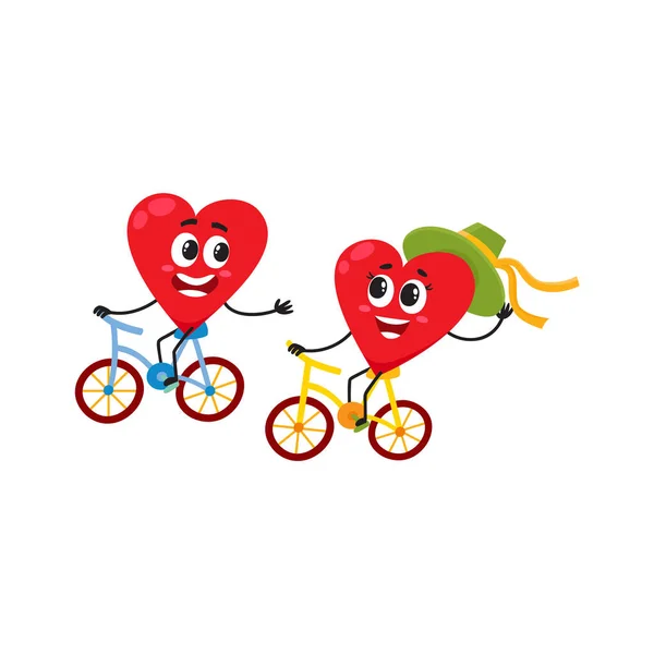 Dos corazones en bicicleta juntos, montar en bicicleta, pareja en concepto de amor — Archivo Imágenes Vectoriales