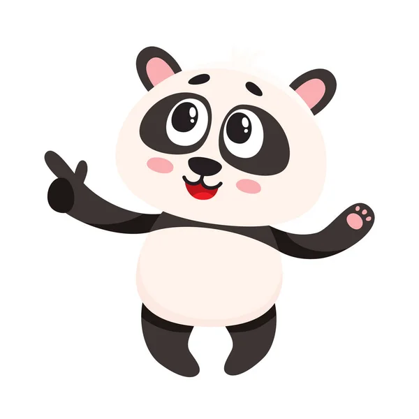 Drôle sourire bébé panda caractère pointant quelque chose avec doigt — Image vectorielle
