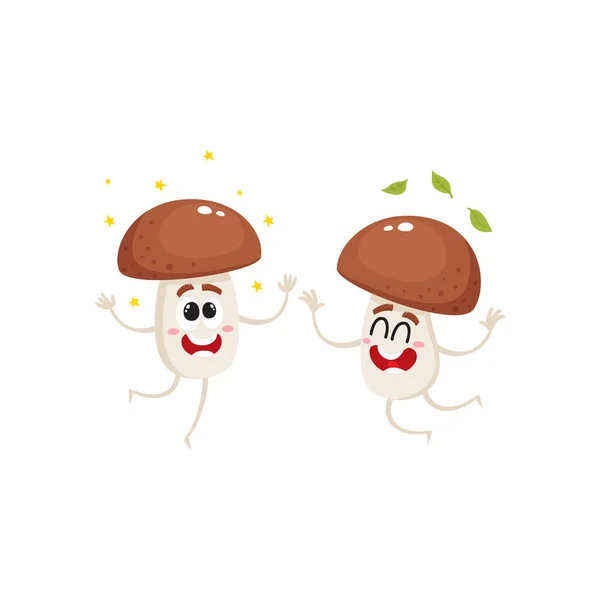 Två roliga porcini svamp tecken hoppa från lycka — Stock vektor
