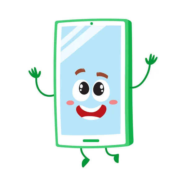 Смішний мультфільм мобільний телефон, персонаж смартфона піднімає руки в захваті — стоковий вектор