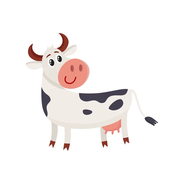 Смішна чорно-біла плямиста корова стоїть і озирається назад — стоковий вектор