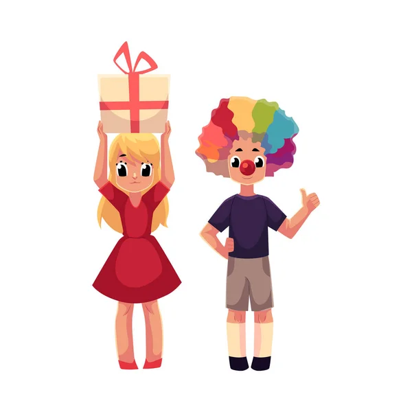 Хлопчик з клоунним носом і перукою, дівчина тримає подарунок на день народження — стоковий вектор