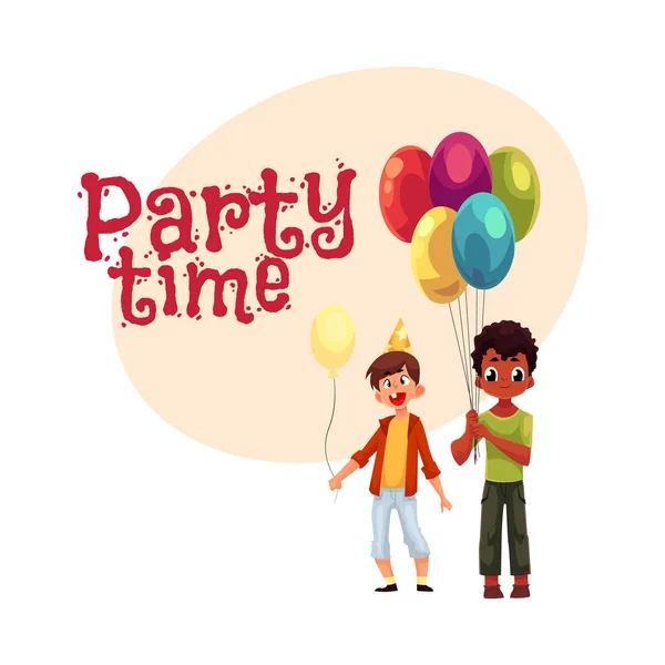 Svarta och kaukasiska småpojkar med ballonger, födelsedagsfest fest — Stock vektor