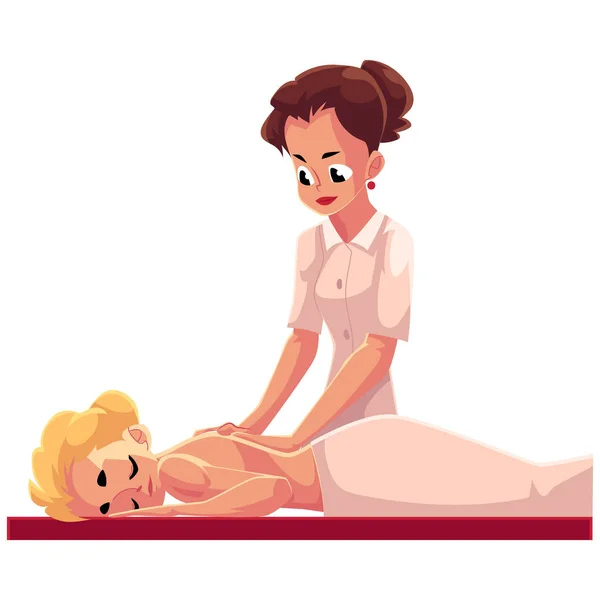 Young woman having relaxing back massage lying on the table — Stock Vector