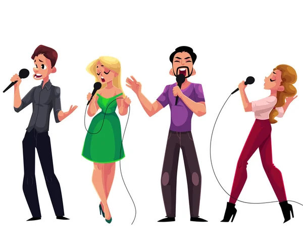 Hombres y mujeres cantando karaoke, sosteniendo micrófonos - competencia, fiesta, celebración — Vector de stock