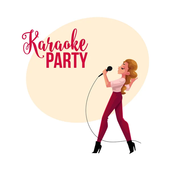 Karaoke party, contest banner, plakát, pohlednice design s zpěvačku — Stockový vektor