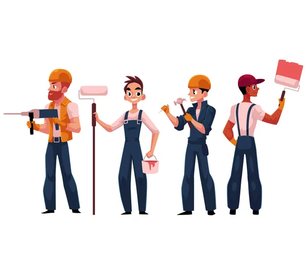 Team of construction workers, builders, painters wearing helmets and overalls — Stock Vector