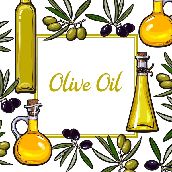 Cadre carré de branches d'olivier et bouteilles d'huile avec place pour le texte — Image vectorielle