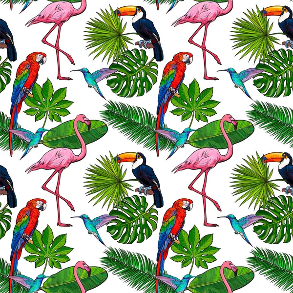 완벽 한 패턴, 열 대 야자수의 배경 디자인 나뭇잎, 새, 꽃 — 스톡 벡터