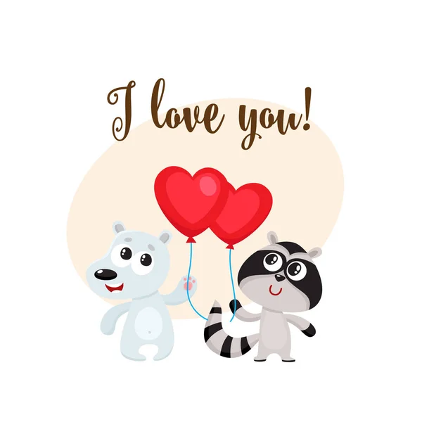 Te amo tarjeta con oso, mapache, globo en forma de corazón — Archivo Imágenes Vectoriales