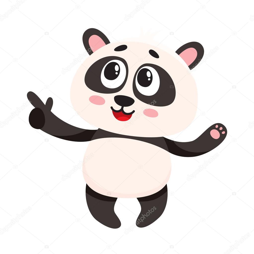 Funny smiling baby panda character pointing to something with finger