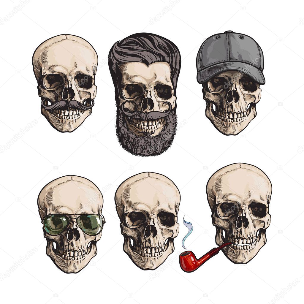 Human skull bones with sunglasses, beard, moustache, smoking pipe