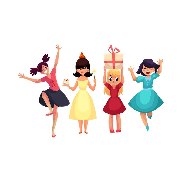 Fyra olika flickor i färgglada klänningar att ha kul på födelsedagsfest — Stock vektor