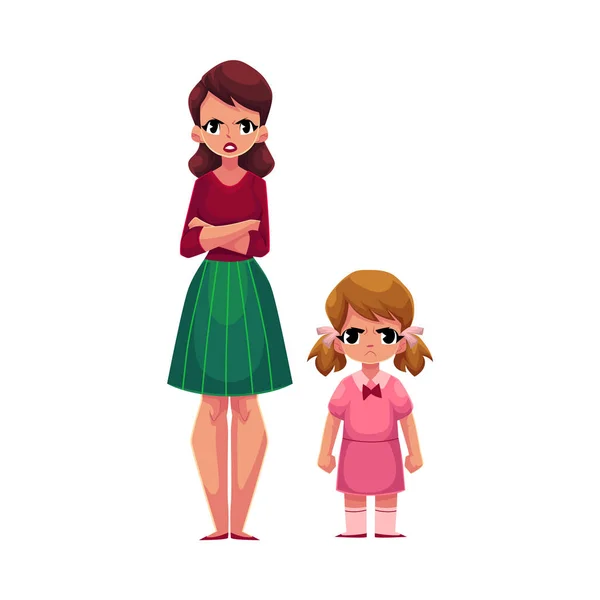 Молодая мать и маленькая дочь стоят с нахмуренными, сердитыми лицами — стоковый вектор