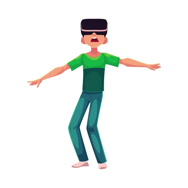 Boy wearing virtual reality headset, simulator, device, using computer technologies — Stock Vector
