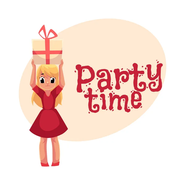 Petite fille en robe rouge tenant cadeau d'anniversaire au-dessus de la tête — Image vectorielle