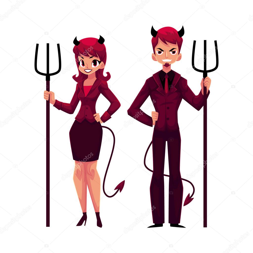 Man and woman dressed as devils in business suits