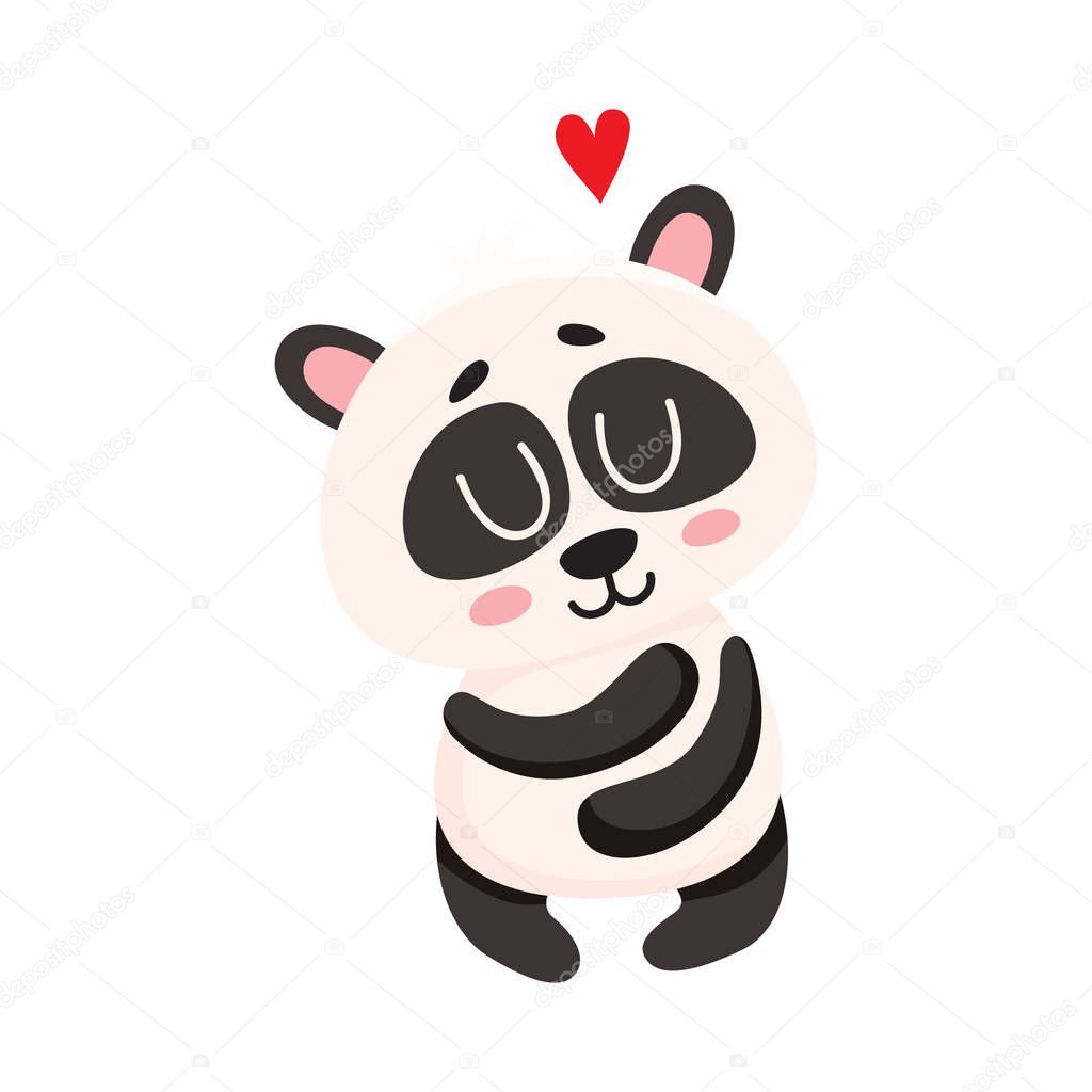 Cute and funny baby panda character hugging itself, showing love