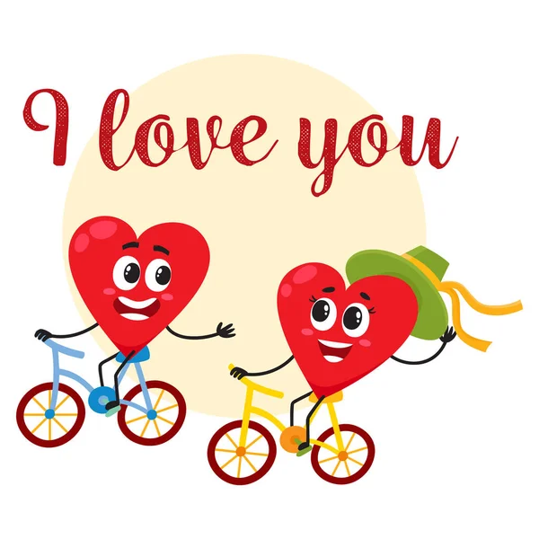 Te amo - diseño de tarjetas de felicitación con personajes del corazón montando bicicletas — Archivo Imágenes Vectoriales