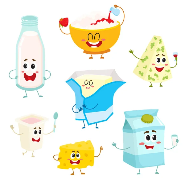 Set of funny dairy products with smiling human faces — Stock Vector