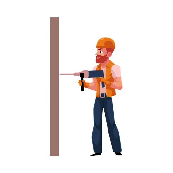 Trabajador, trabajador, constructor de casco, mono y chaleco perforando la pared — Archivo Imágenes Vectoriales