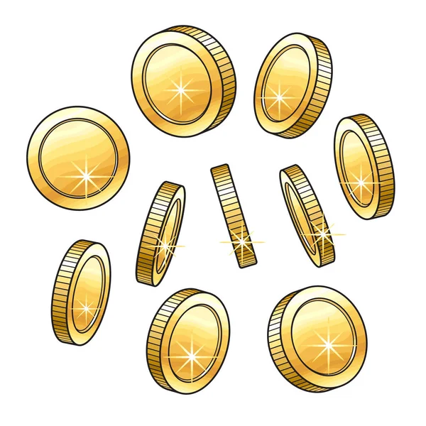 Conjunto de monedas de oro brillante dibujadas a mano en varias posiciones — Vector de stock