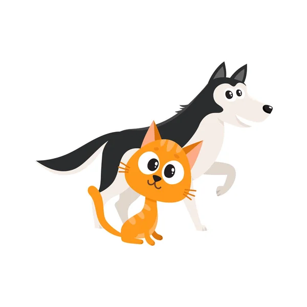허스키 강아지와 빨간 고양이, 고양이 캐릭터, 우정 개념 — 스톡 벡터