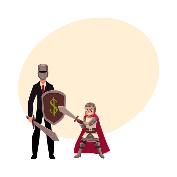 Empresário como cavaleiro com capacete, espada, escudo e armadura — Vetor de Stock