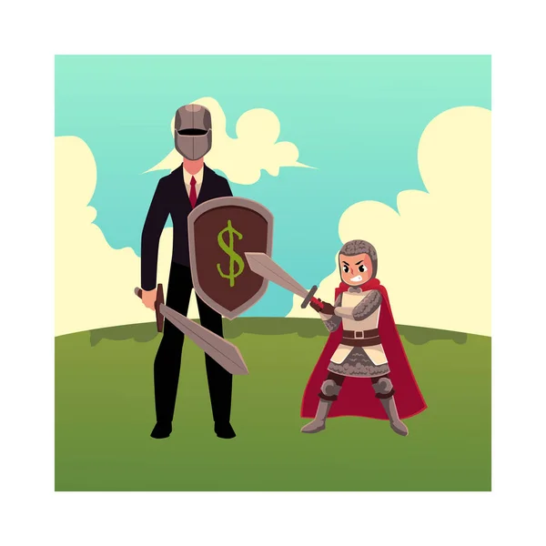 Empresario como caballero con casco, espada, escudo y escudero — Archivo Imágenes Vectoriales