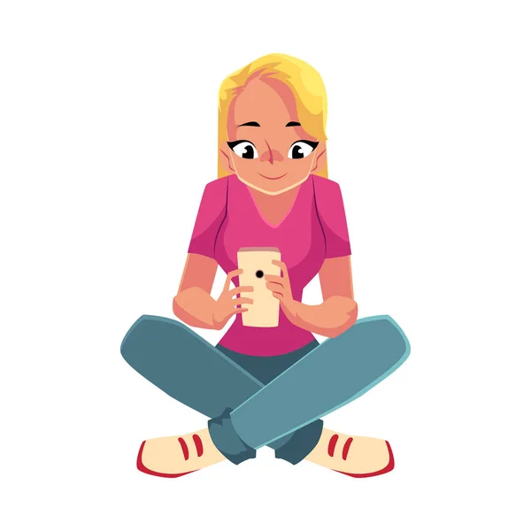 年轻女人玩智能手机的移动电话，坐在双腿交叉 — 图库矢量图片