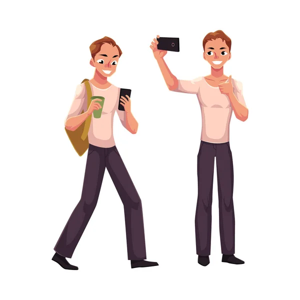 Jeune homme utilisant smartphone marche, faire selfie avec téléphone mobile — Image vectorielle
