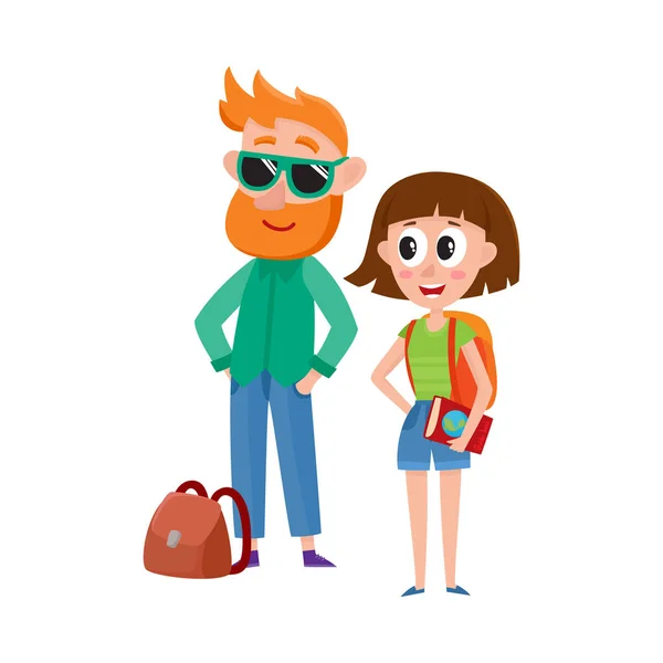 Tourists, man in sunglasses and woman with backpack, travelling together — Stock Vector