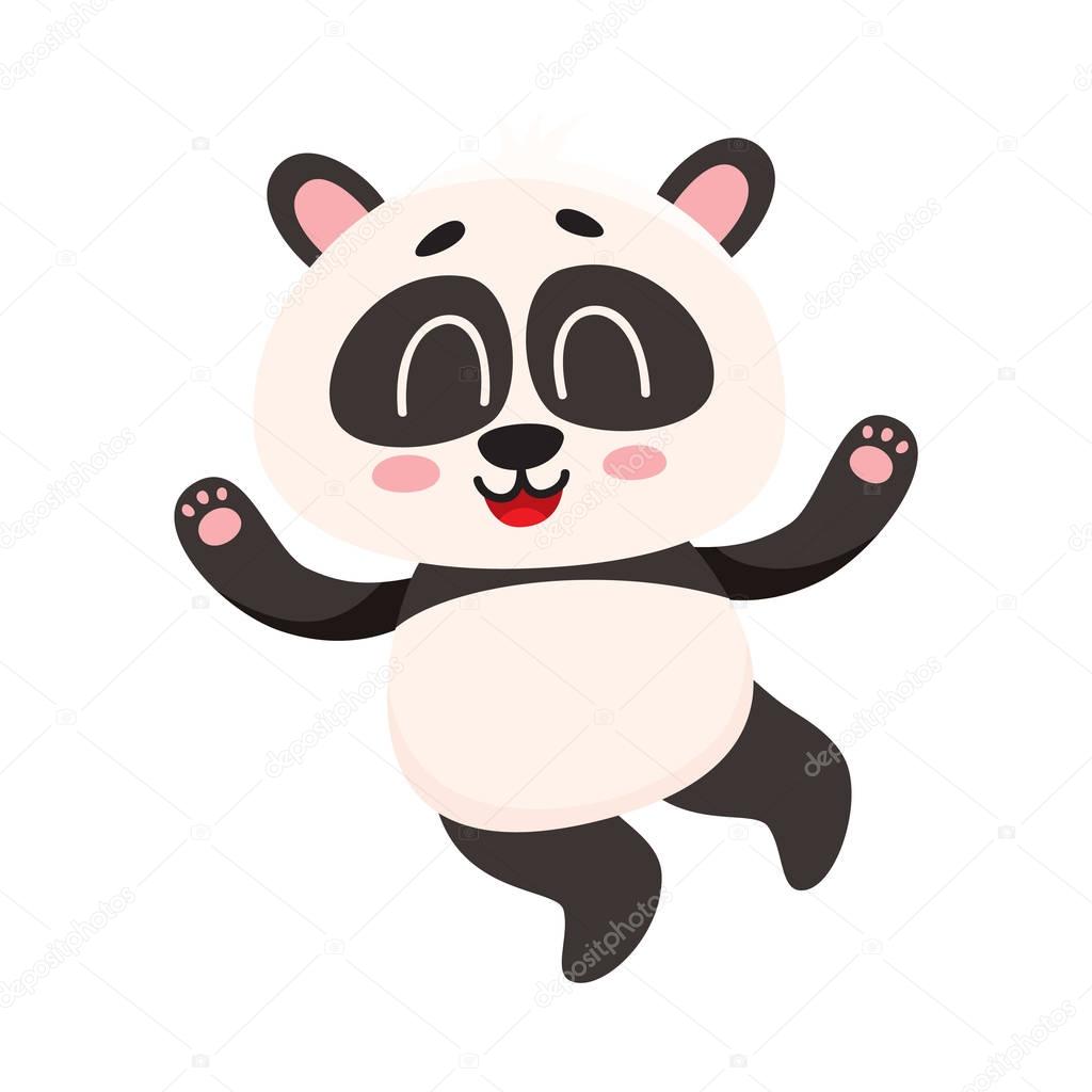 Cute and funny smiling baby panda character jumping from happiness