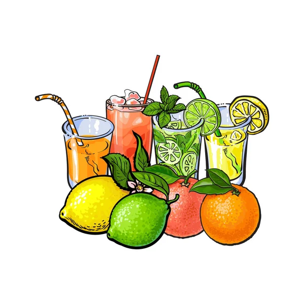 Orange, grapefruit, lime, lemon juice and whole fruits — Stock Vector