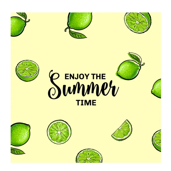 Banner, diseño de postal con fondo de limas y letras Enjoy Summer — Vector de stock