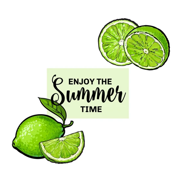 Disfrute de banner de verano, diseño de postal con frutas de lima y letras — Vector de stock