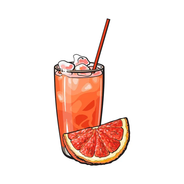 Grapefruit kwartaal en een glas vers geperst sap met ijs — Stockvector