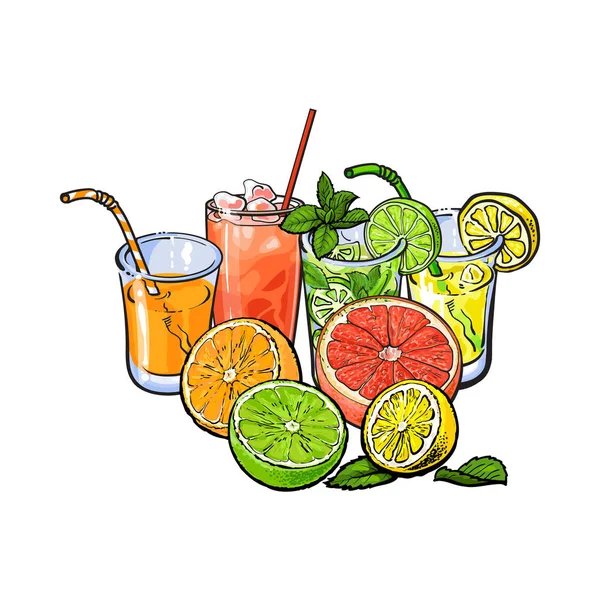 Pomarańcza, grejpfrut, cytryna, owoce i sok z połówki cytryny — Wektor stockowy