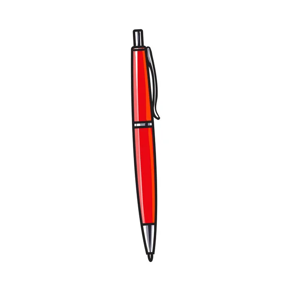 Penna a sfera rossa disegnata a mano, forniture per ufficio, accessori per la scrittura — Vettoriale Stock