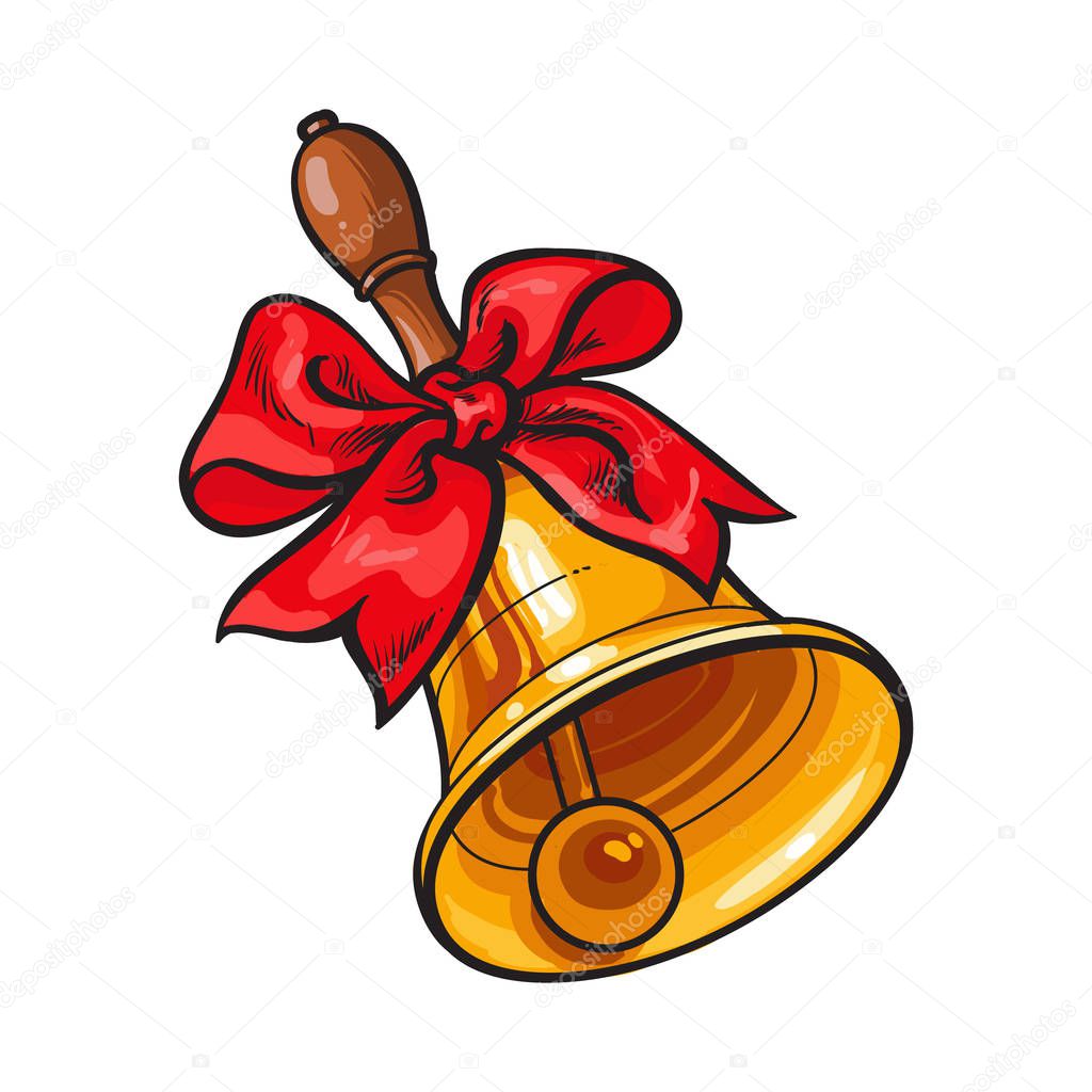 Traditional golden school bell with red ribbon bow