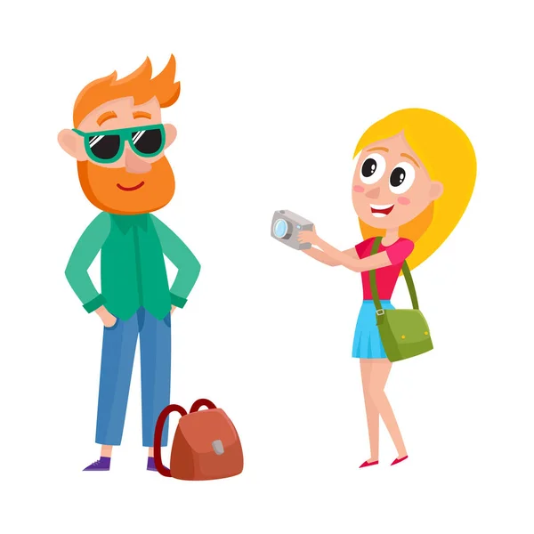 Pareja de turistas, hombre y mujer, de gira, haciendo fotos — Vector de stock