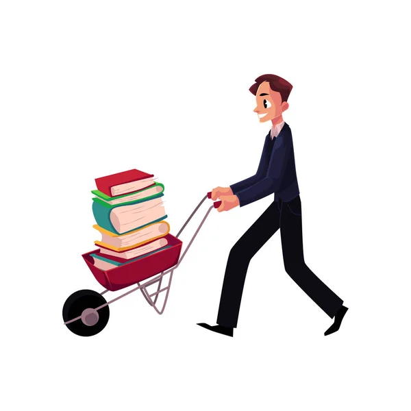Jonge man, zakenman, student, bibliothecaris kruiwagen met boek stapel duwen — Stockvector