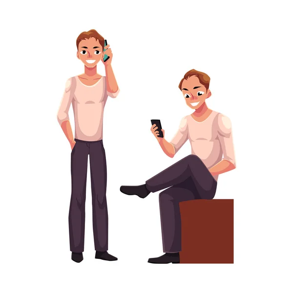 Hareket eden duran, smartphone kullanarak, oturma mesajlaşma telefonla konuşan adam — Stok Vektör