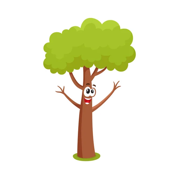 Engraçado personagem de árvore cômica levantando ramificações como mãos, gesto de saudação — Vetor de Stock