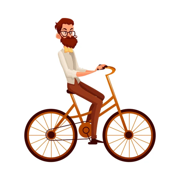 Бородатый мужчина в жилете и галстуке-бабочке на велосипеде, на велосипеде — стоковый вектор