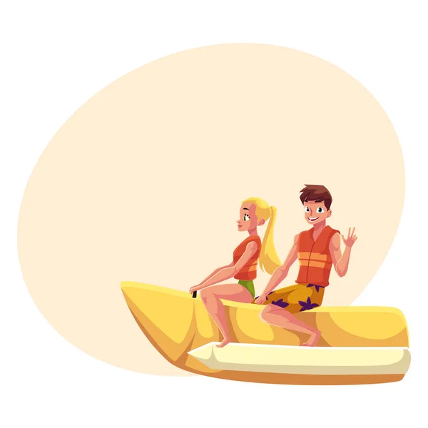 对年轻的夫妇，男人和女人，骑香蕉船水活动 — 图库矢量图片