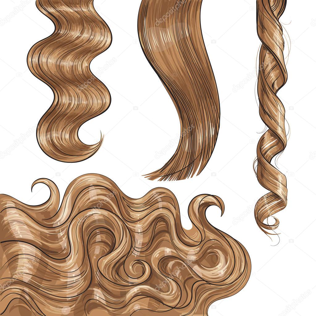 Shiny long blond, fair straight and wavy hair curls