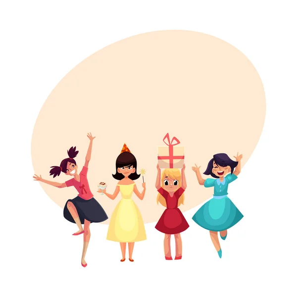 Cuatro varias chicas en vestidos de colores divertirse en la fiesta de cumpleaños — Vector de stock